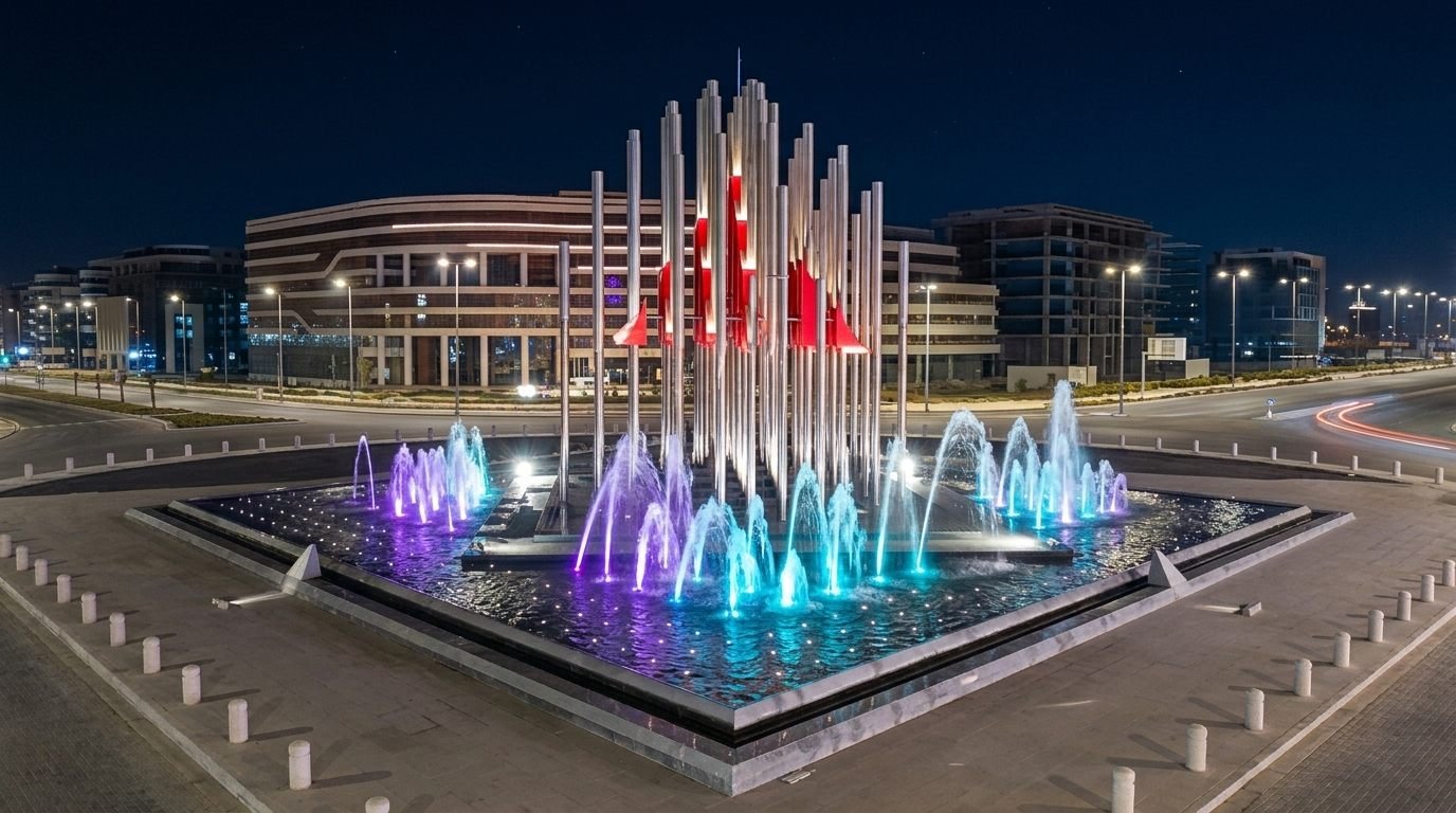Fountain jets at Pyramids Square in the New Administrative Capital